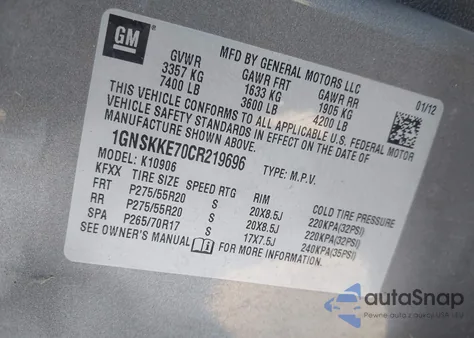 2012 Chevrolet Suburban 1500 Ltz from USA, damaged, VIN 1GNSKKE70CR219696